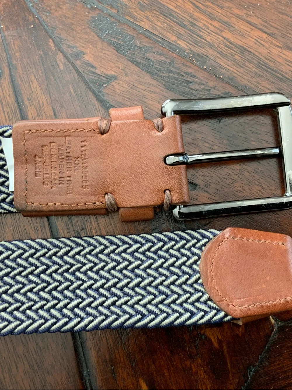 Tommy Bahama Woven Navy and White Belt with Brown Leather Trim